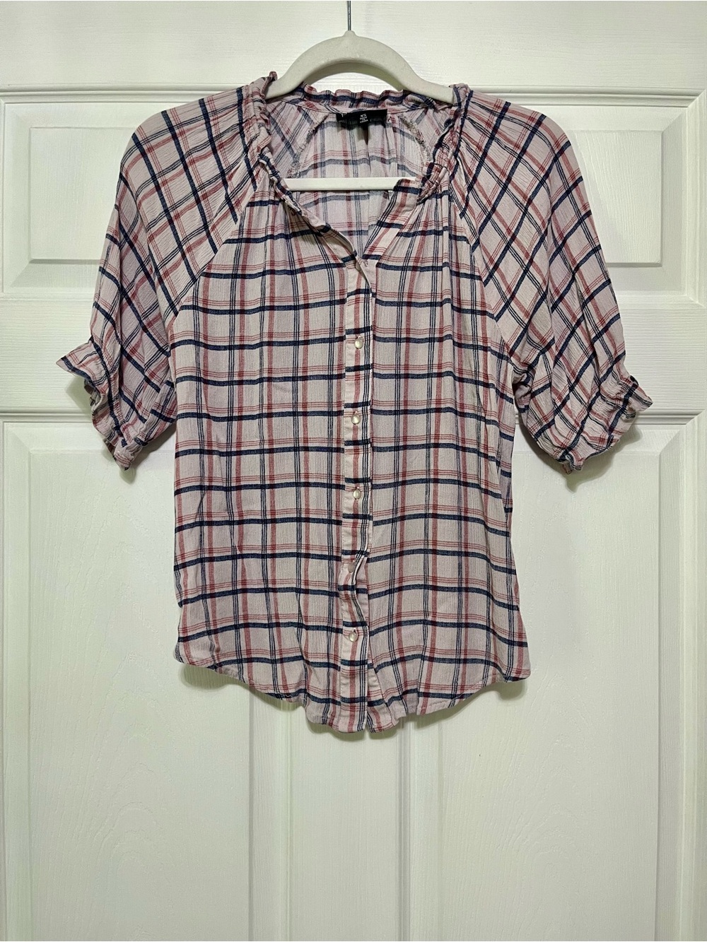 Bobeau Pink Plaid Ruffle-Neck Button Front Half Sleeve Western Top Size XS